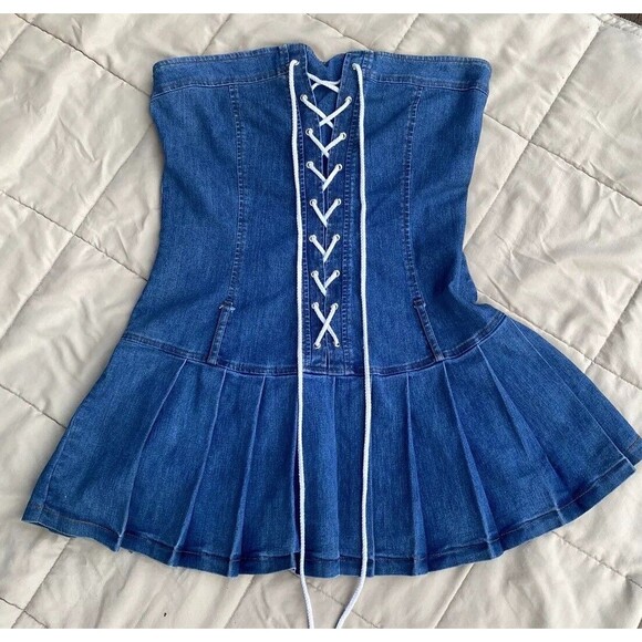 Y2K Denim Tube Dress M Pleated Skirt Lace-Up Front Drop Waist Skater 2000s USA - Picture 12 of 16